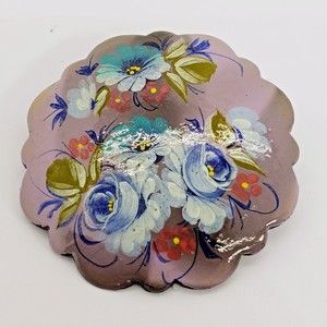 Beautiful Vintage Hand Painted Russian Wooden Floral Brooch Pin